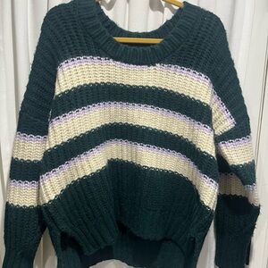 Aerie Striped Cozy Oversized Knitted Sweater Size Medium Green and Cream Colored